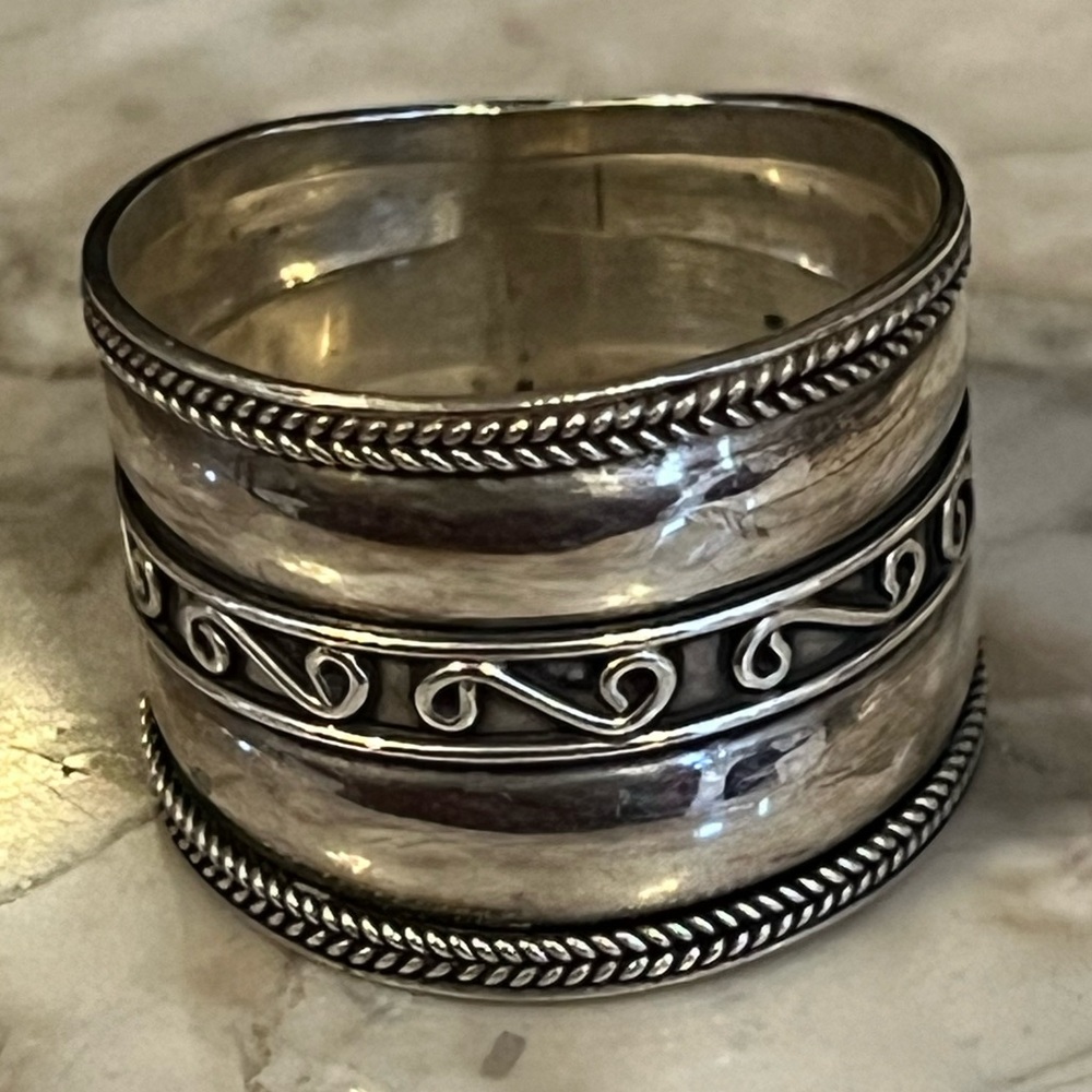 925 Sterling Silver Bali Rope & Swirl Cigar Band Ring